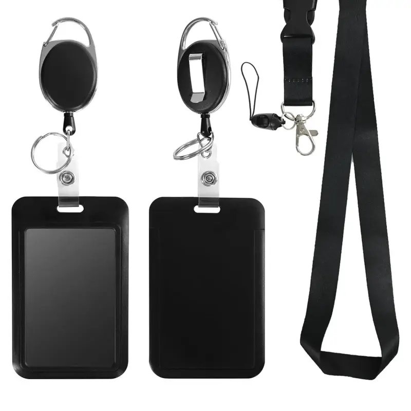 Sliding Id Badge Holder Black Plastic Card Case Protector Pouch With Clear Window For School Id Credit Cards Key Cards Card Slot Business Card Holder Office Accessories Card Id Slots