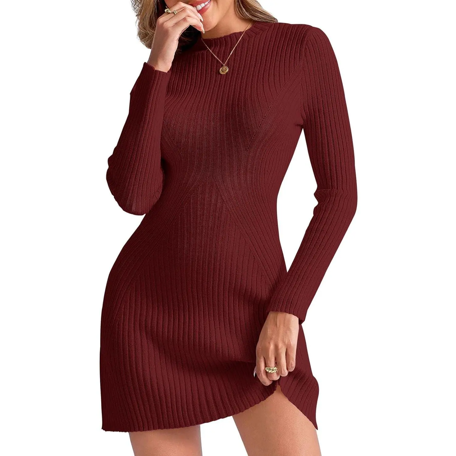 Saodimallsu Women's Bodycon Mini Sweater Dress, Casual Long Sleeve Crew Neck Pullover in a Knit Polyester Fabric, Basic, Longsleeves, Round Neck, Women's Dresses, Basics, Evening, M, Outdoors, Casual Cozy, Knit Blend, Casual Wear, 26% Viscose