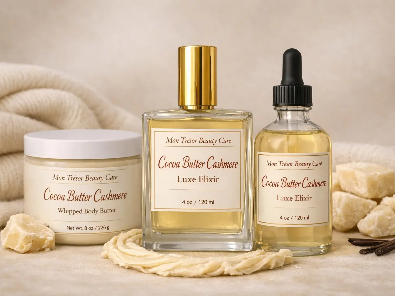 Body Care Trio with Cocoa & Shea Butter - Nourishing Elixir Oil, Body Butter & Parfum with a Warm Spicy Vanilla & Floral Gourmand Aroma, Scented, Moisturizing, Woody, Hydrating, Youth, 283G, All Skin Types, Multi-Pack, Moisturizer, Luxury, Body Beauty Set