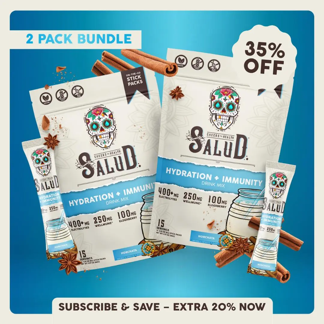 Salud 2-in-1 [Hydration + Immunity - Horchata Duo] Electrolytes Powder, Agua Fresca Drink Mix, Elderberry, Wellmune, Dairy & Soy Free, Non-GMO, Gluten Free, Vegan, 1g Sugar (2-Pack, 30 Servings)
