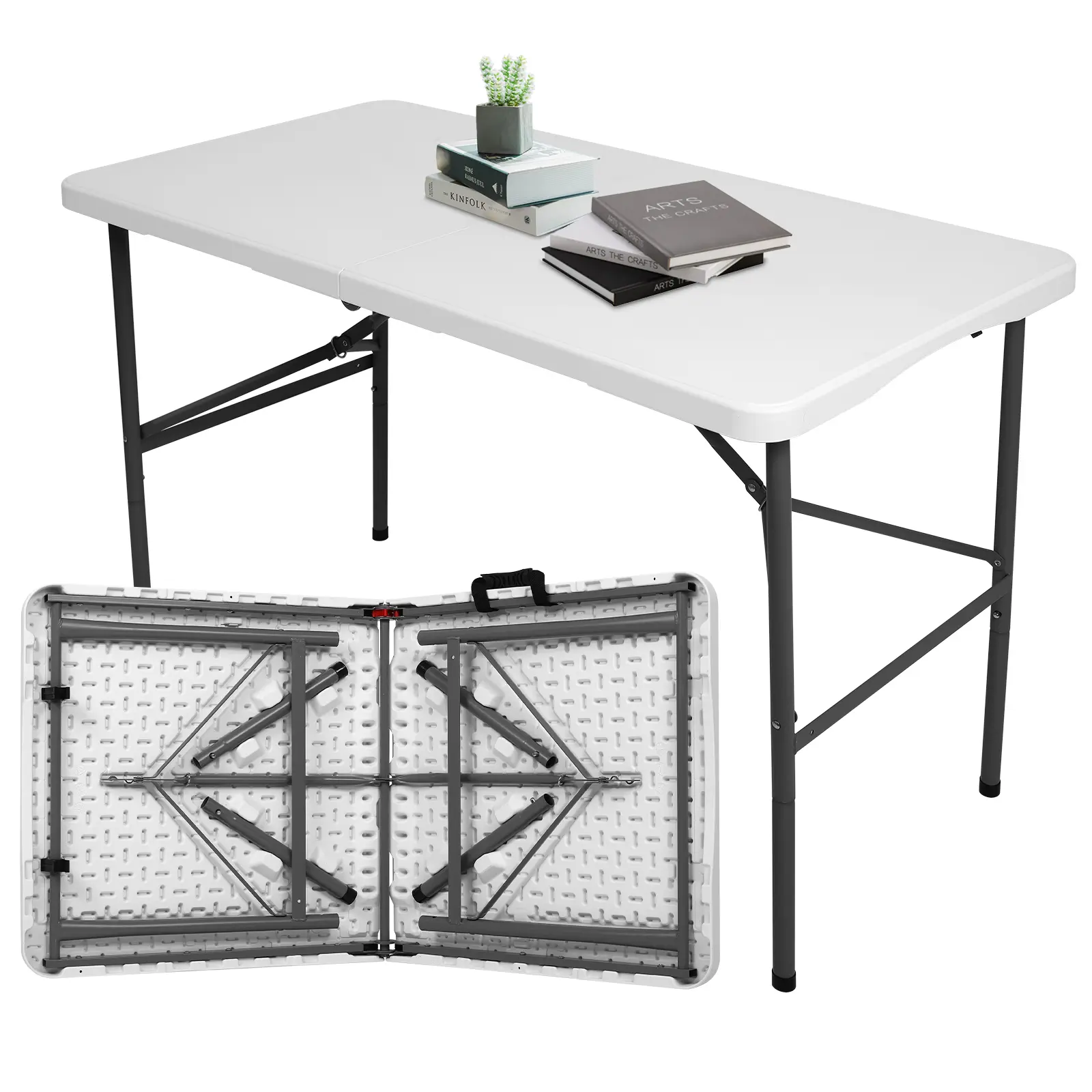 4FT Picnic Folding Plastic Portable Table,Fold-in-Half table with handle, Adjustable Height Outdoor Camping Table for Party, Kitchen and Beach, White - Straight Legs Blackfriday