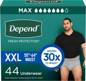 Depend Fresh Protection for Men  Maximum Absorbency Adult Incontinence Underwear | XXL 55–64” Waist | 44 Count (2x22 Packs) | OdorBlock Technology | All-Day Dryness | Disposable Grey Active Fit Protection for Bladder Leaks