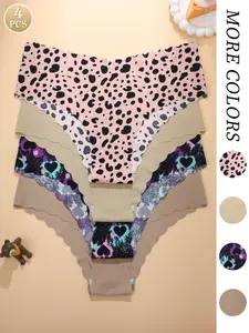 Women's Seamless V-Back Panties, Fitted Heart & Leopard Pattern Underwear, Casual Thin Fabric Comfortable Ladies Lingerie Set, Heart Pattern Brief