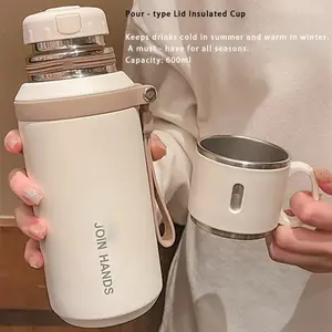 600ML Stainless Steel Vacuum Insulated Water Bottle, Leak-Proof Lid with Handle, Outdoor Travel Office Gym Essential, Includes Cleaning Brush