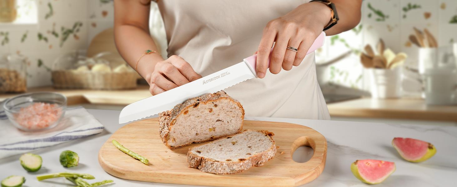 Astercook 14-Piece Professional Kitchen Knife Set – High Carbon Stainless Steel Chef, Bread, Santoku & Steak Knives with Hardwood Block, Ideal Valentine’s Day Gift Pink Wooden