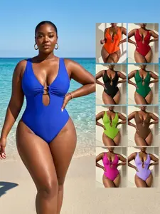 Sculpt Touch Women One Piece Swimsuit Tummy Control Bathing Suit Plus Size Deep V Neck Ruched Slimming Swimwear with Built-in Padding