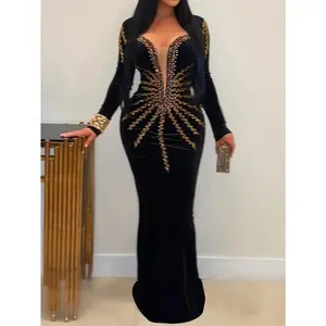 Royal Blue Velvet Dress Ladies Long Sleeve Dress | Elegant deep V-neck, flared hem cut, shiny embroidery details, perfect for autumn and winter parties and formal events