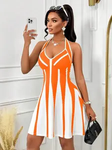 Elegant Chic Summer Festival Party Dress, Women Halter Neck Sleeveless Striped Print A-Line Mini Hrs727, Perfect for Holiday Gatherings and Events, Formal, Versatile, Comfort, Wear, Style, Outfit, Essential