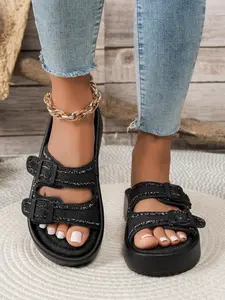 Women's Fashionable Random Glitter Design Platform Sandals, Casual Comfortable Flat Sandals for Beach, Outdoor, Daily Wear, Walking Shoes