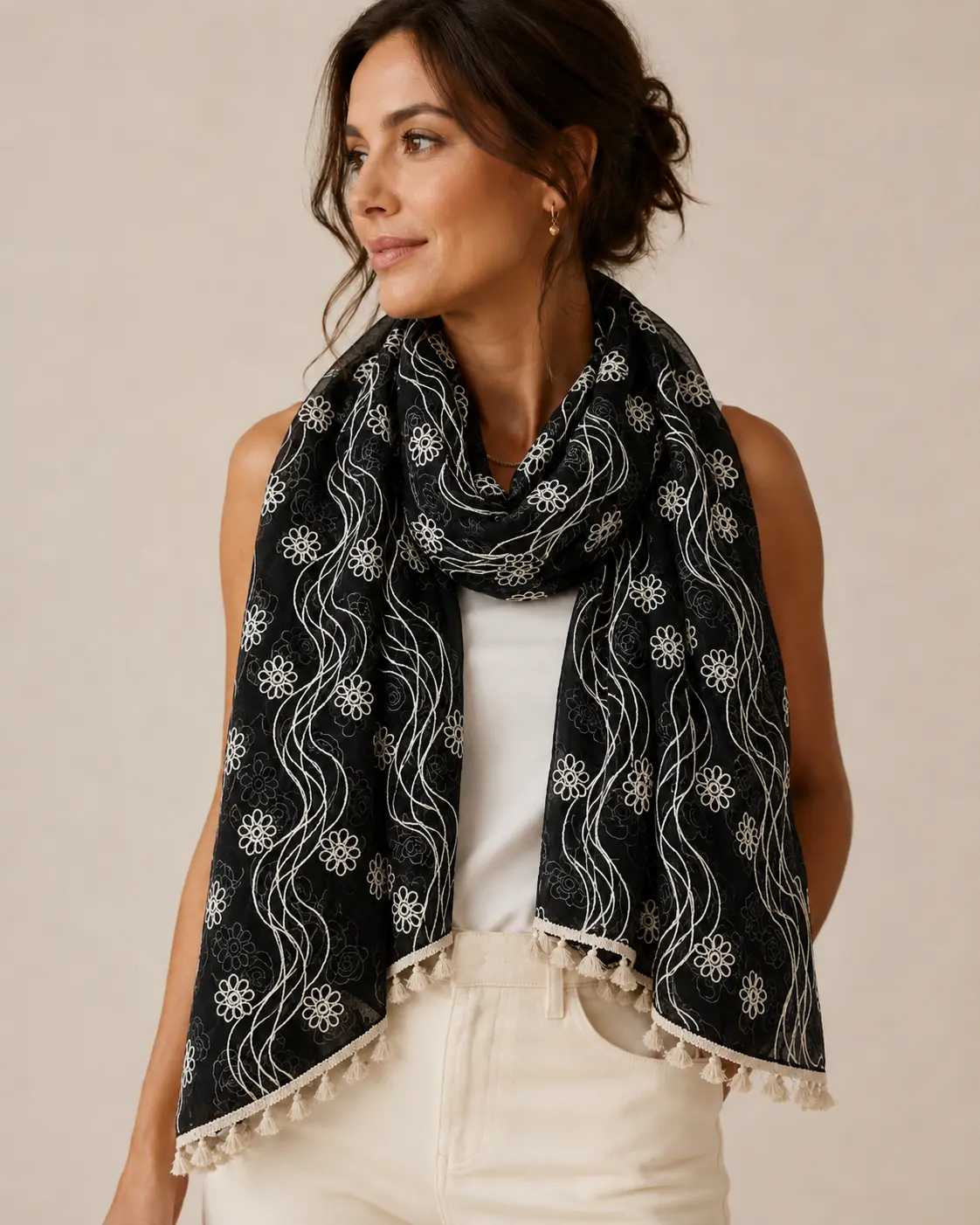 10K LIKES GIVEAWAY - Women's Floral Embroidered Tassel Scarf – Lightweight Boho Fashion Wrap with Decorative Embroidery for Everyday Wear, Travel and Seasonal Layering