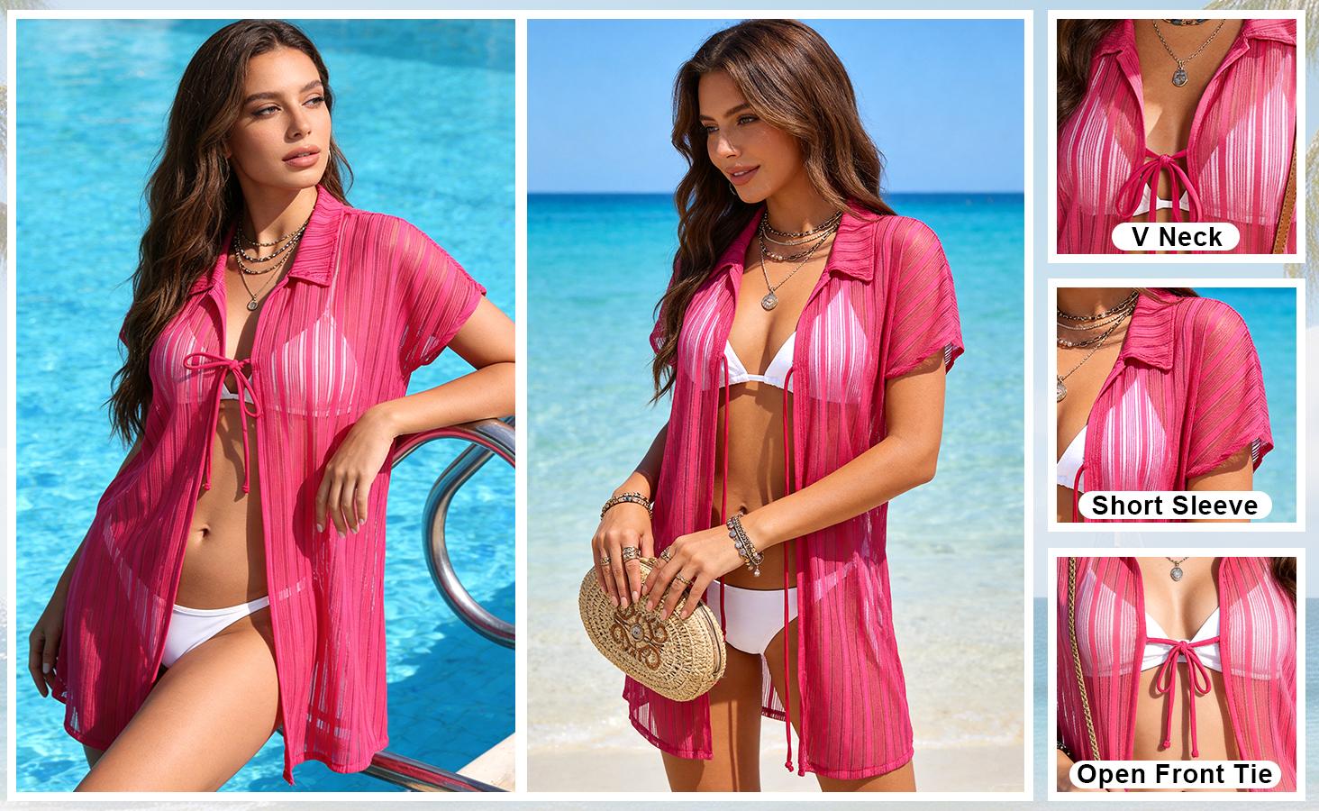 B2LOVER Women Swimsuit Cover Up Open Front Tie Short Sleeve Shirt Summer Loose Cardigan Causal Blouse Tops Beachwear Top Choice for Swimwear Cover Up