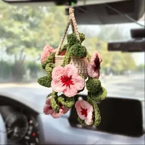 Handmade Crochet Flower Car Hanging Ornament, Cute Car Rearview Mirror Hanging Decoration, Car Interior Decoration Accessories, Car Interior Ornaments for Women & Men, Car Trinkets
