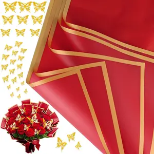 NEW 20 Sheets Flower Bouquet Wrapping Paper with 12 Pieces Gold Butterfly Decorations for Flower Bouquets, Gift Wrapping(Red)