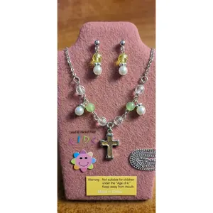 Girls' Elegant Cross Necklace & Earrings Set with Pastel Beads, Religious Jewelry for First Communions, Confirmations, Birthday