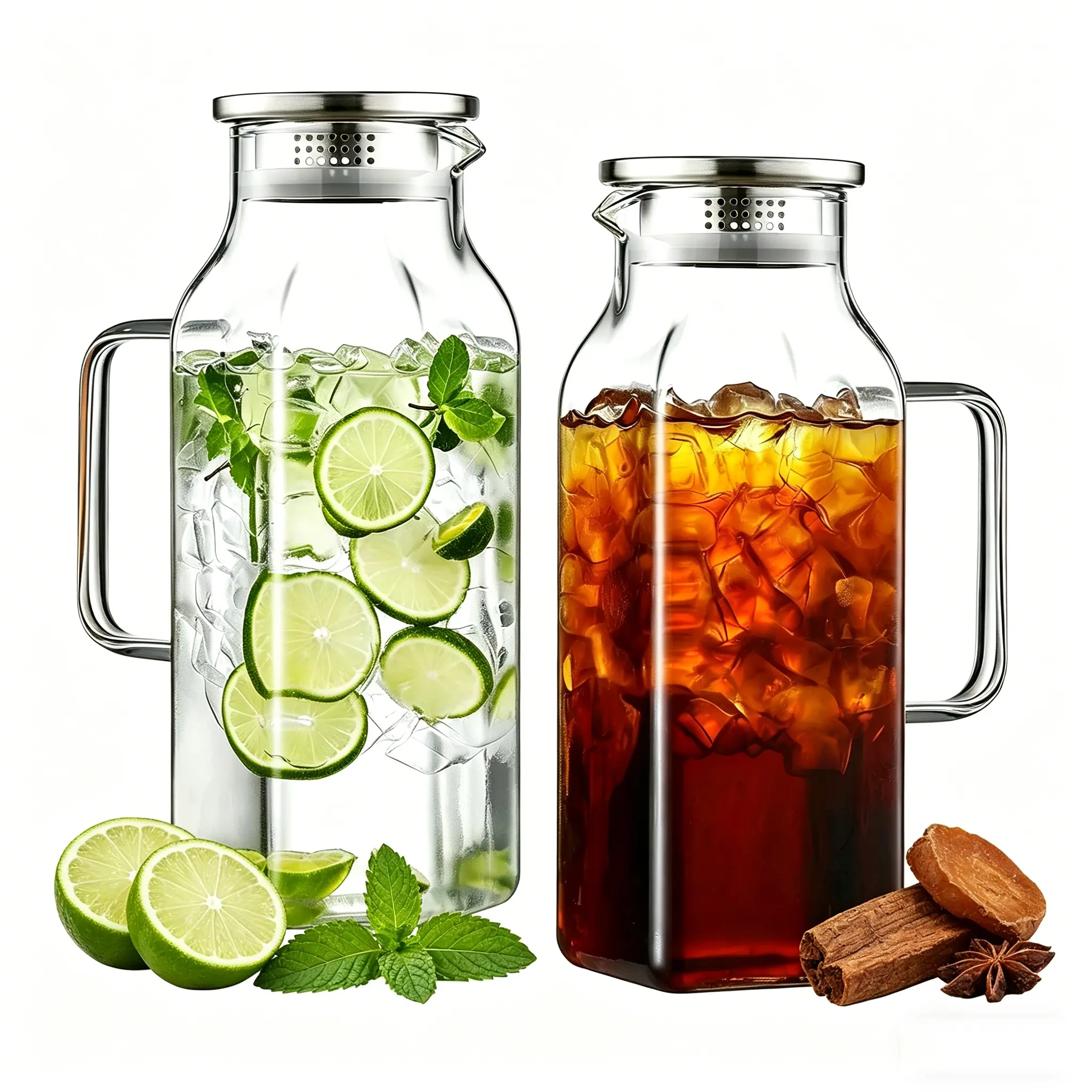 2L (68oz/2qt) Traditional Rectangle Borosilicate Glass Pitcher with Lid, Spout, Handle & Stainless Steel Accents - Kitchenware Jugs, Storage Bottles & Jars for Fridge Hot/Cold Drinks, Parties
