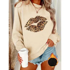 Women's Leopard Lip Print Crew Neck Sweatshirt - Loose, Cotton-Polyester Fabric Garments for Fall & Winter Casual Wear