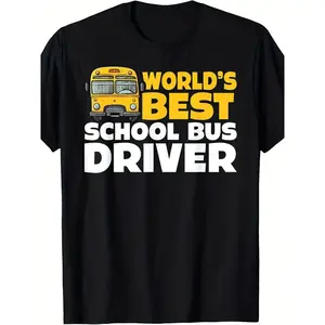 [100% Cotton] 100% Cotton Men's World's Best School Bus Driver T-Shirt - Funny Retro Yellow School Bus Print & Driver Badge Design, Comfortable Casual Short Sleeve Round Neck Tee for Bus Drivers, School Staff, Back to School Events