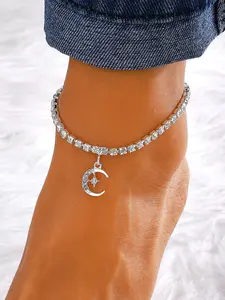 Rhinestone Star & Moon Charm Anklet, Fashionable Jewelry for Women & Girls for Party, Daily Clothing Decor, Trendy All-match & Exquisite Jewelry for Birthday Gift, Aesthetic Jewelry Gift, Elegant Fashion Accessories