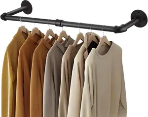 Wall Mount Iron Clothing Rack, Black Steel Laundry Room Drying Rack, Space Saving Coat Rack for Closet, 50 lbs Capacity (36 x 11 in)