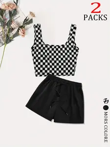 Women's Checkerboard Print Crop Sleeveless Tank Top & Shorts Two-piece Set, Casual Fashion Cozy Two Piece Outfits for Daily Outdoor Wear, Ladies Clothes for Summer, Suits, Womenswear, Cozy Lounge Set