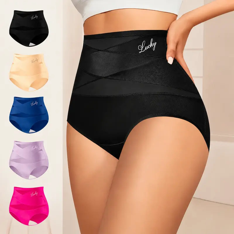 5-Pack High-Waist Mesh Underwear, Breathable Panties, Lucky Letter Print, Soft Breathable Fabric, Stretchy Comfort, Sizes XS-xxl, All Seasons