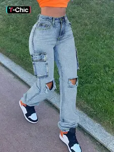 Women's Plain Ripped Flap Pocket Button Fly Straight Leg Jeans, Fashion Casual Denim Pants for Daily Wear, Ladies Bottoms for All Seasons, Denim Trouser