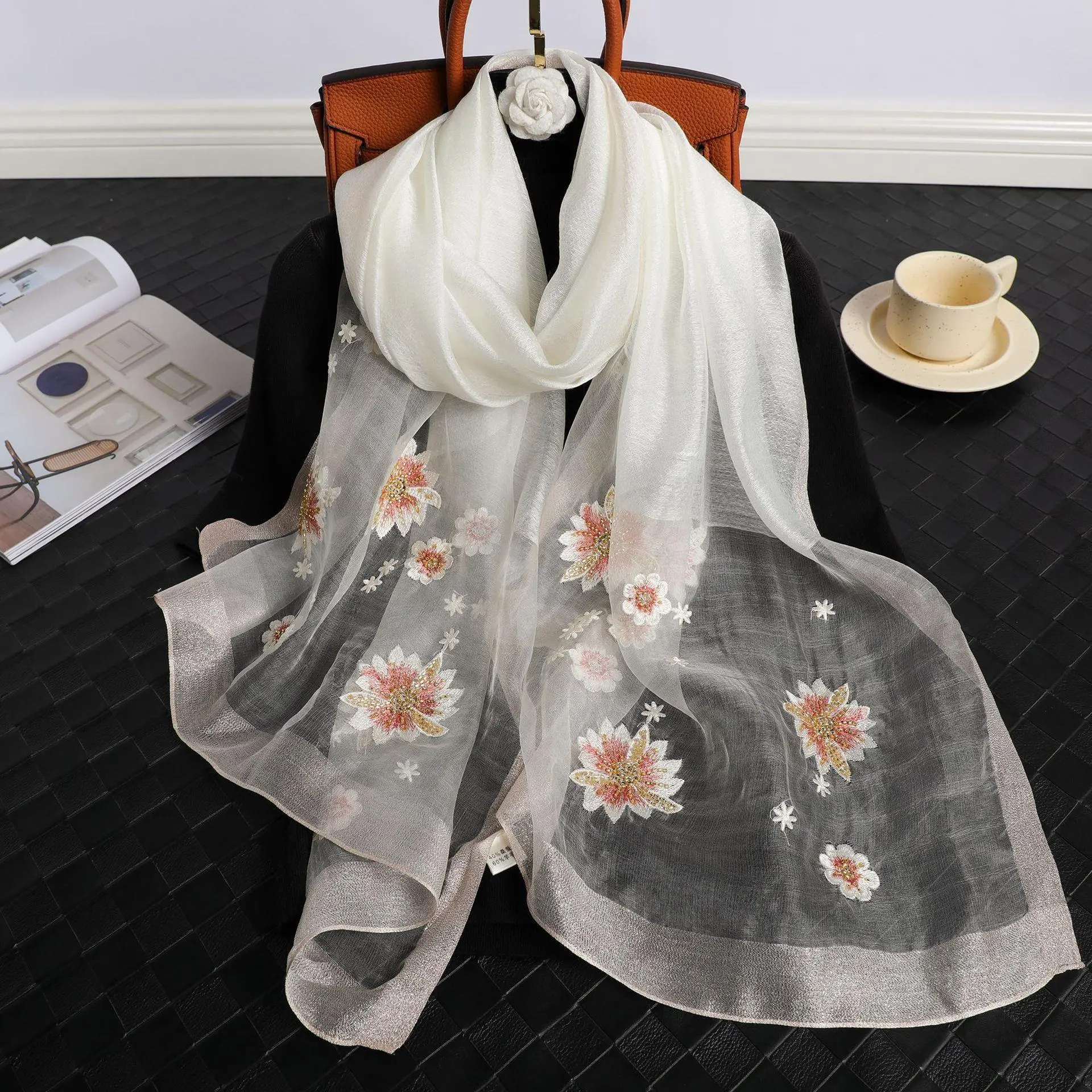 Handmade bead embroidered silk scarf mulberry silk embroidered wool scarf shawl