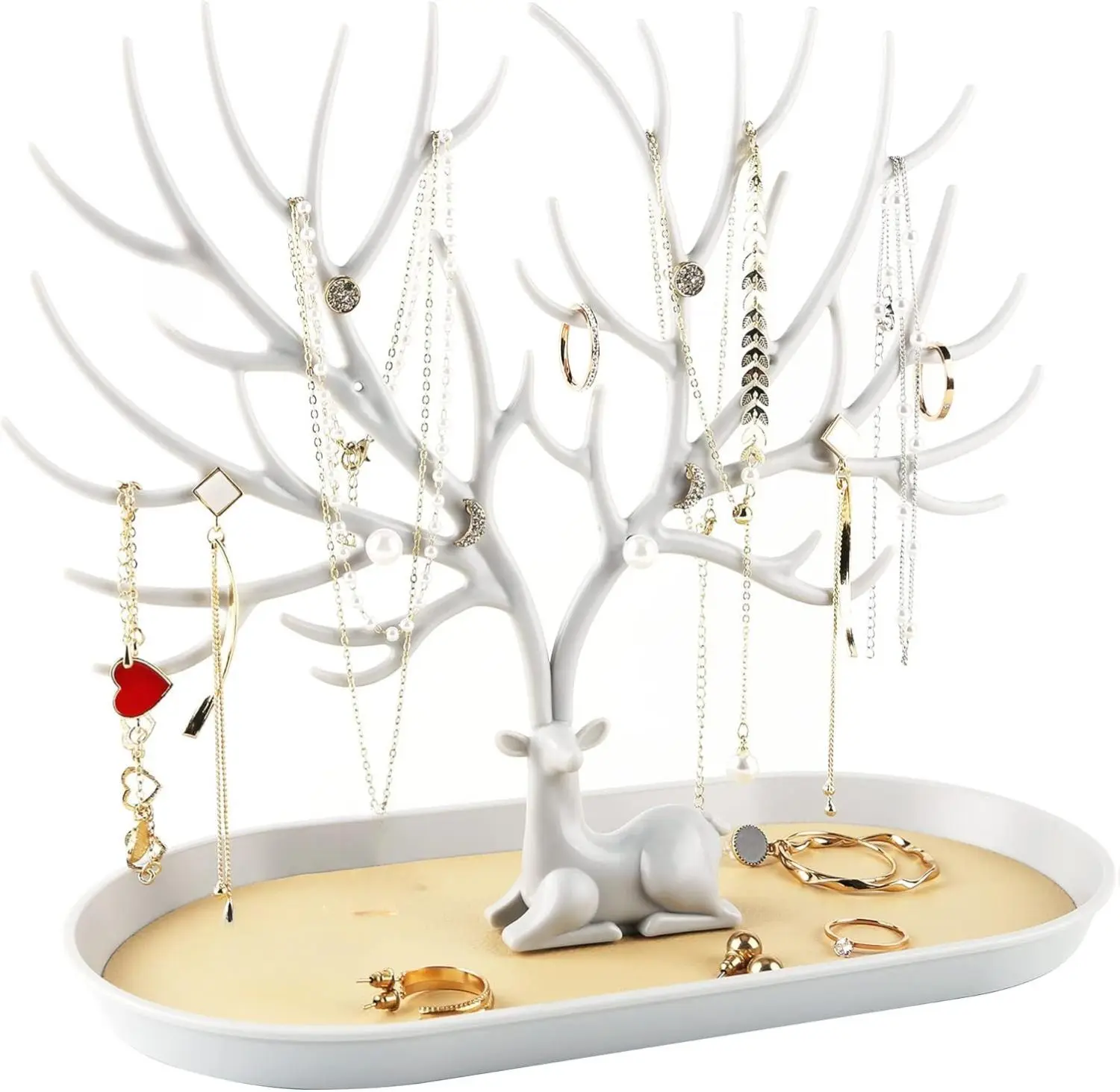 Antlers Jewelry Display Stand Tree Tower Rack Hanging Organizer for Ring Earrings Necklace Bracelet Box Boxes Light Plastic Faux Leather Hand Mount 9.6 x 4.7 x 8.3 Inches Decor Deer