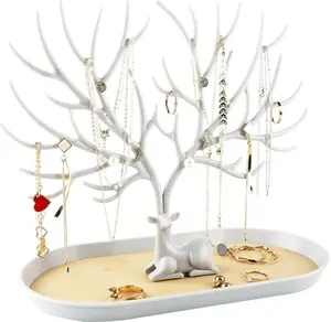 Antlers Jewelry Display Stand Tree Tower Rack Hanging Organizer for Ring Earrings Necklace Bracelet Box Boxes Light Plastic Faux Leather Hand Mount 9.6 x 4.7 x 8.3 Inches Decor Deer