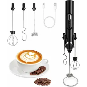 Milk Frother Handheld with Stand,Rechargeable Coffee Frother Wand with 3 Detachable Stainless Steel Whisk Heads, Hand Electric Mixer for Latte, Cappuccino,Matcha,Protein