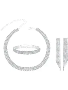 4 Pcs Bridal Wedding Jewellry Set for Women Silver Rhinestone Necklace Stretch Bracelet Dangle Fringe Earrings for Bride Bridesmaid Crystal Wedding Prom Jewellry Accessories for Women Style-2