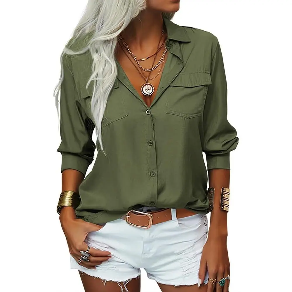 Imily Bela Womens Solid Lapel Long Sleeves Button Down Shirt Top Casual Basic Office Blous