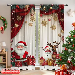 2-Piece set, 2D flat print, cartoon Santa design, Christmas theme, rod pocket design, suitable for multi-room, bedroom, living room, kitchen, home decoration, Christmas decoration, Merry Christmas curtains, Home Decor Ornament.