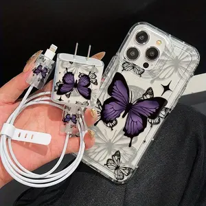 5 Piece Set Transparent Protective iPhone Case with Butterfly Design, Includes Charger Head Protector & Storage Rope, Fits iPhone 11-16 Series