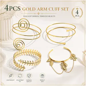 4 Pack Adjustable Arm Band Bracelets – Gold/Silver Tone Upper Arm Cuffs, Open Design for Easy On/Off – Layering with Other Bracelets – Ideal for Gym, Yoga, Daily Wear, Costume