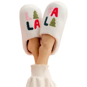 PacificPlex Womens Christmas Holiday Winter Santa Slippers FA LA LA String Lights Retro Plush Warm Slip-on Happy Face Smiley christmas slipper Women's Plush flat slipper warm bedroom