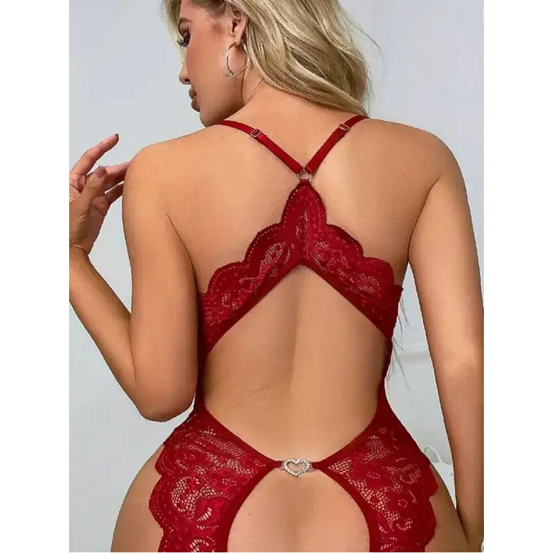 Women's Hot Red Backless 2-Piece Lingerie Set - Romance Valentines Day Love Teddy, Tie-Front Crop Top, Floral Corset, Mesh Garter, Adjustable Sleeveless Satin Slim-Fit Faux Leather Harness, Fishnets, Transparent Black Private Print, Soft Fabric