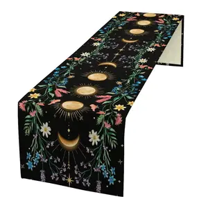 Vintage Moon Phase Table Runner, Bohemian Vintage Floral Gothic Witchcraft Moonlight Plant Print Table Runner, for Kitchen, Dining Room, Bedroom Tables, and Home Party Decor