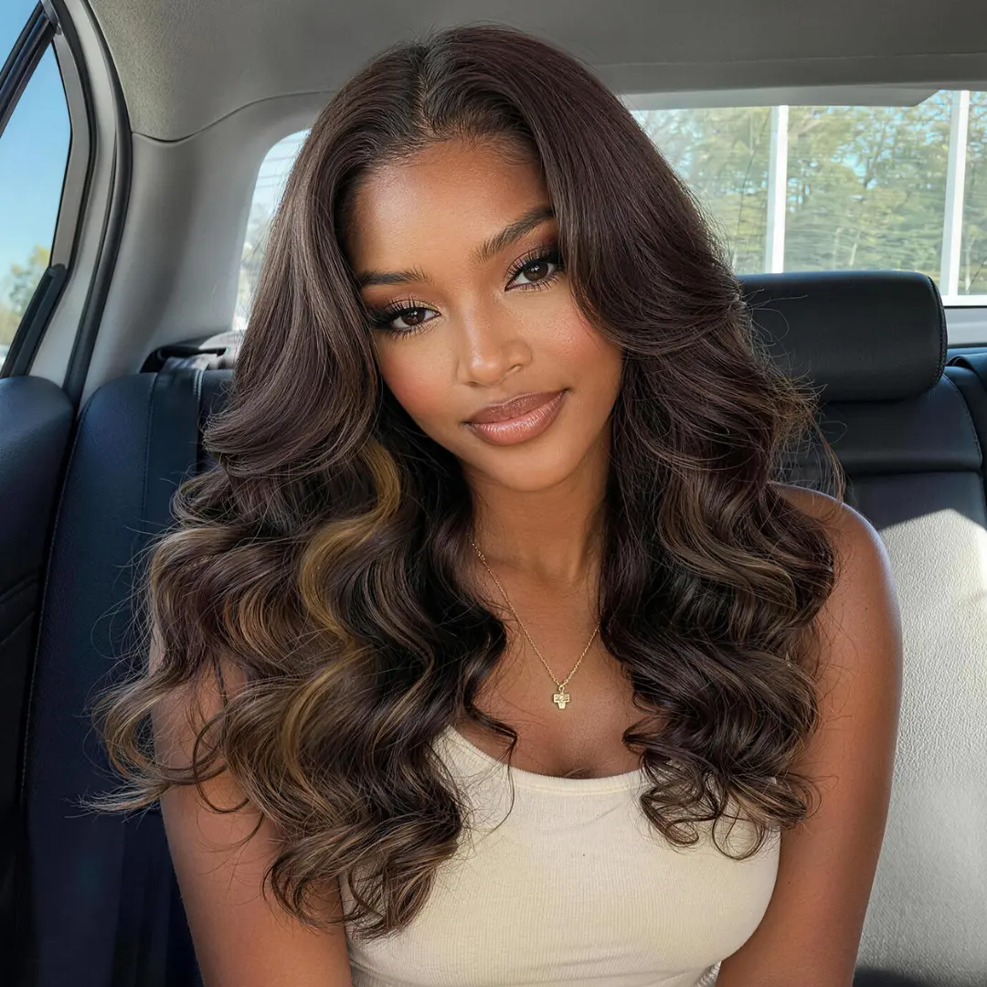 Sunber Pre-Cut HD Lace Human Hair Wig, 7x5 Lace, Chocolate Brown Balayage Loose Wave with Blonde Honey Highlights, Face-Framing Curtain Bangs, Long Layered Glueless Wear & Go Wig for Black Women, Wigs Human Hair, Face-Framing Bangs