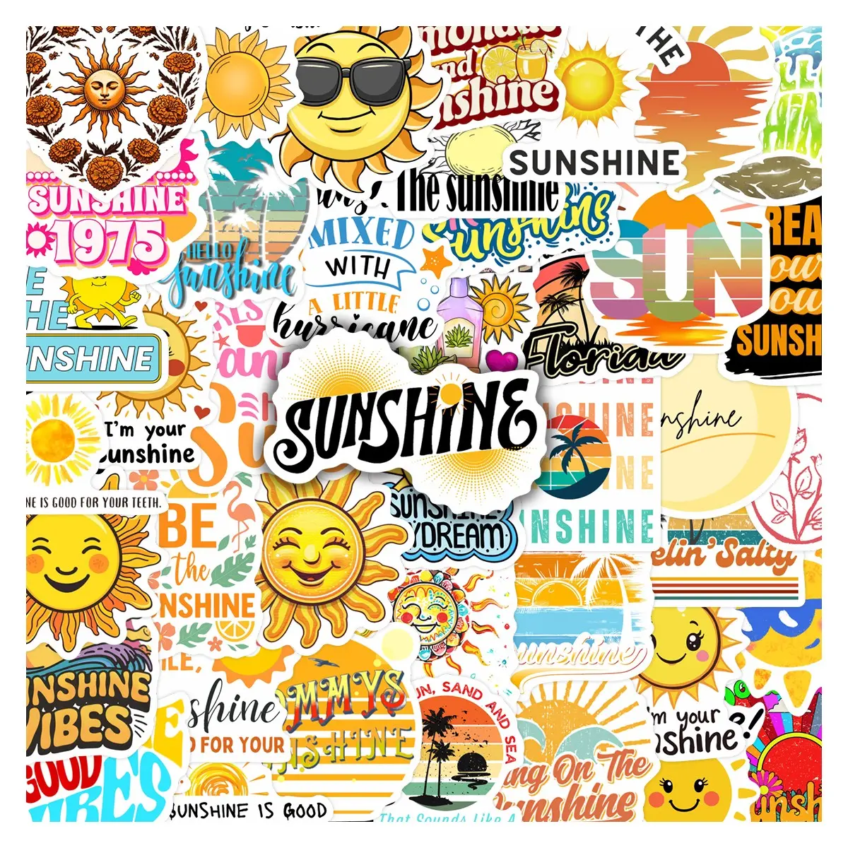 50Pcs Sunshine Positive Stickers Pack, Smiley Face Stickers, Fun Stickers, Waterproof Retro Boho & Happy Quote Vinyl Decals for Laptop, Water Bottle, Journal & Scrapbook, Cheerful Gift