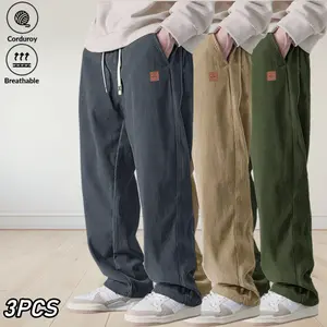 Men’s Corduroy Straight-Leg Joggers, New Trendy Brand, Loose-Draped Wide-Leg Comfy Athleisure Pants, Drawstring Non-Denim Loose-Fitted Machine-Washable Pants for Autumn/Winter, Beige Father’s Day Gift, Athleisure Men's Pants, Comfy Men's Pants