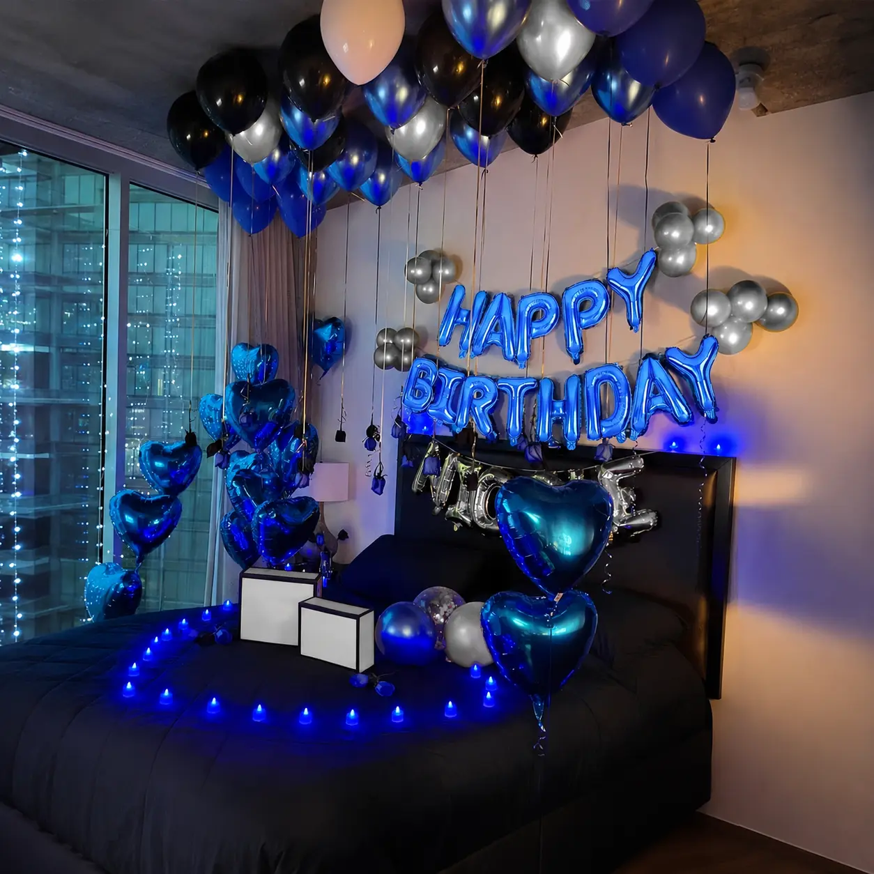 55pcs Blue Black Silver Birthday Balloon Set, Happy Birthday Foil Letter Balloons, Light Blue Latex Balloons, Blue Heart Foil Balloons, Party Decorations for Men Boys Teens Adults