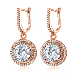 Gem Stone King 8-12 Cttw Double Halo Gemstone Leverback Dangle Earrings for Women | 18K Rose Gold Plated Silver | Round 10MM | Birthstone Jewelry Gifts for Mom Her