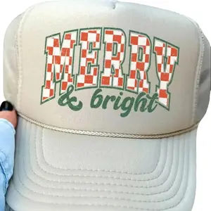 Merry And Bright Checkered Otto Khaki Foam Front Trucker Hat Adjustable Snapback Fun Vinyl Design 100% Polyester Soft Feel Heat Transfer