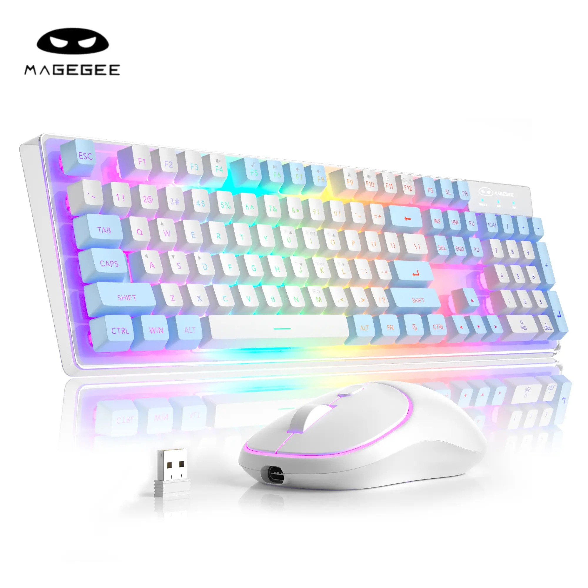MageGee V550 Wireless Gaming Keyboard and Mouse Combo - 2.4G USB Rechargeable, RGB Lights Backlit Keys, Transparent Shell, Full Size Waterproof Keyboard with LED Mouse, Auto Sleep/Wake for PC/Laptop, White