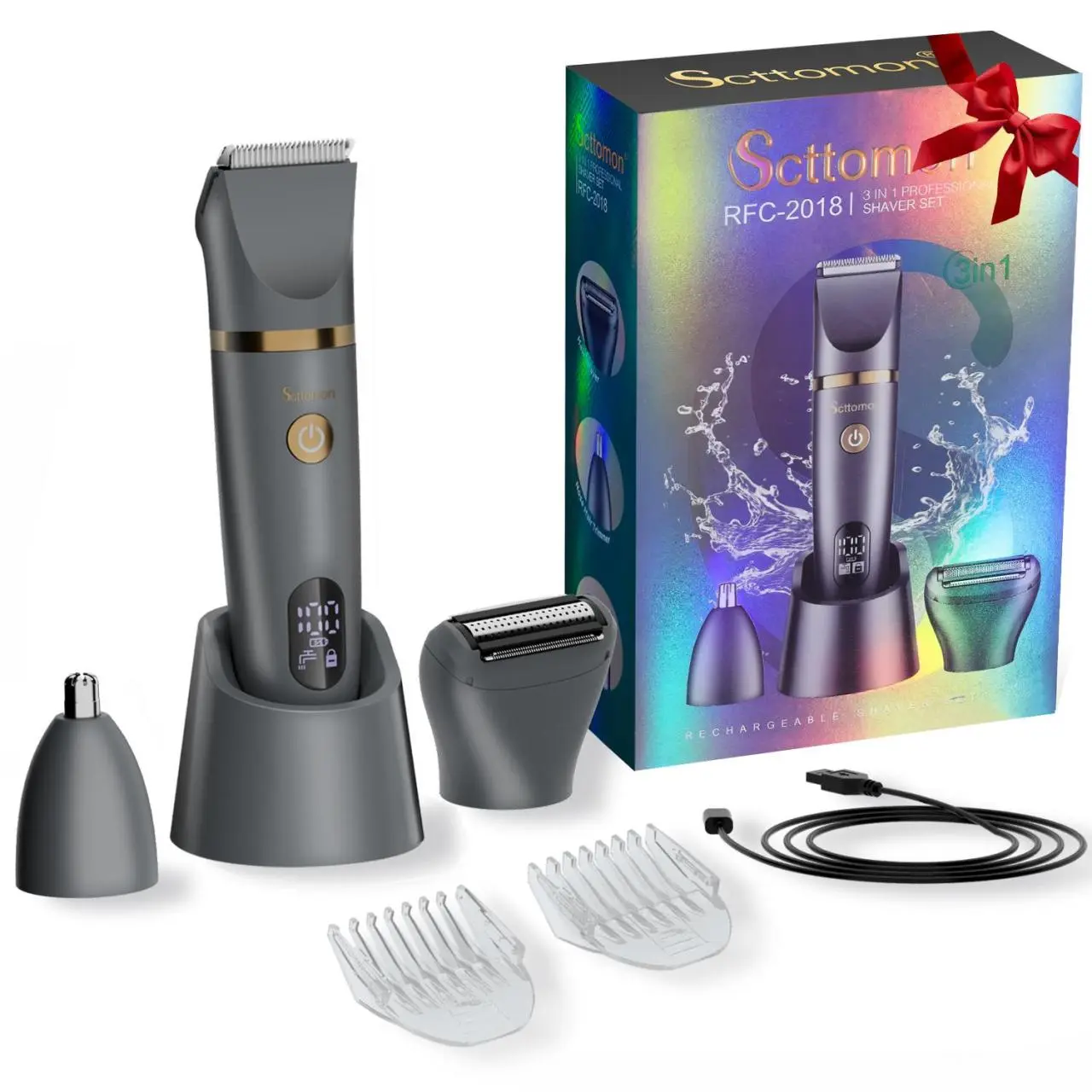 Scttomon Men's 3-In-1 Multifunction Grooming Trimmer, Electric Shaver, Nose Hair Trimmer, Fully Washable with Comb Attachment, Beard Trimmer