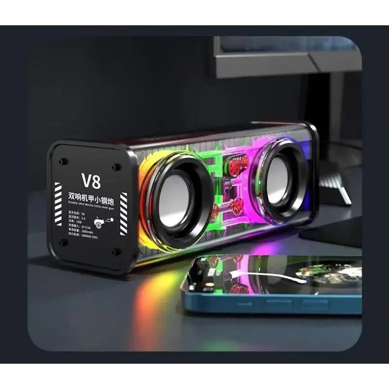 Transparent Mecha Bluetooth 5.0 Wireless Speaker - TWS Double Bass Diaphragm, RGB Light, Built-in Charger, Aux Input, Compact Rechargeable Battery-Powered Device for Smartphones, Parties, Bass Speakers, Bluetooth 5.0 Speakers