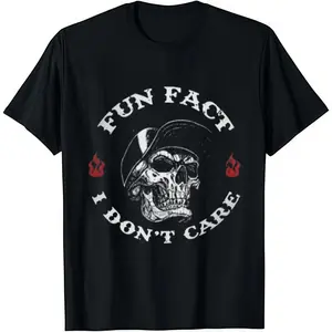 FUN FACT I DON'T CARE Skull Print Black Cotton T-Shirt Soft Crew Neck Shortsleeve Casual Graphic Tee for Men Comfortable Versatile Everyday Wear