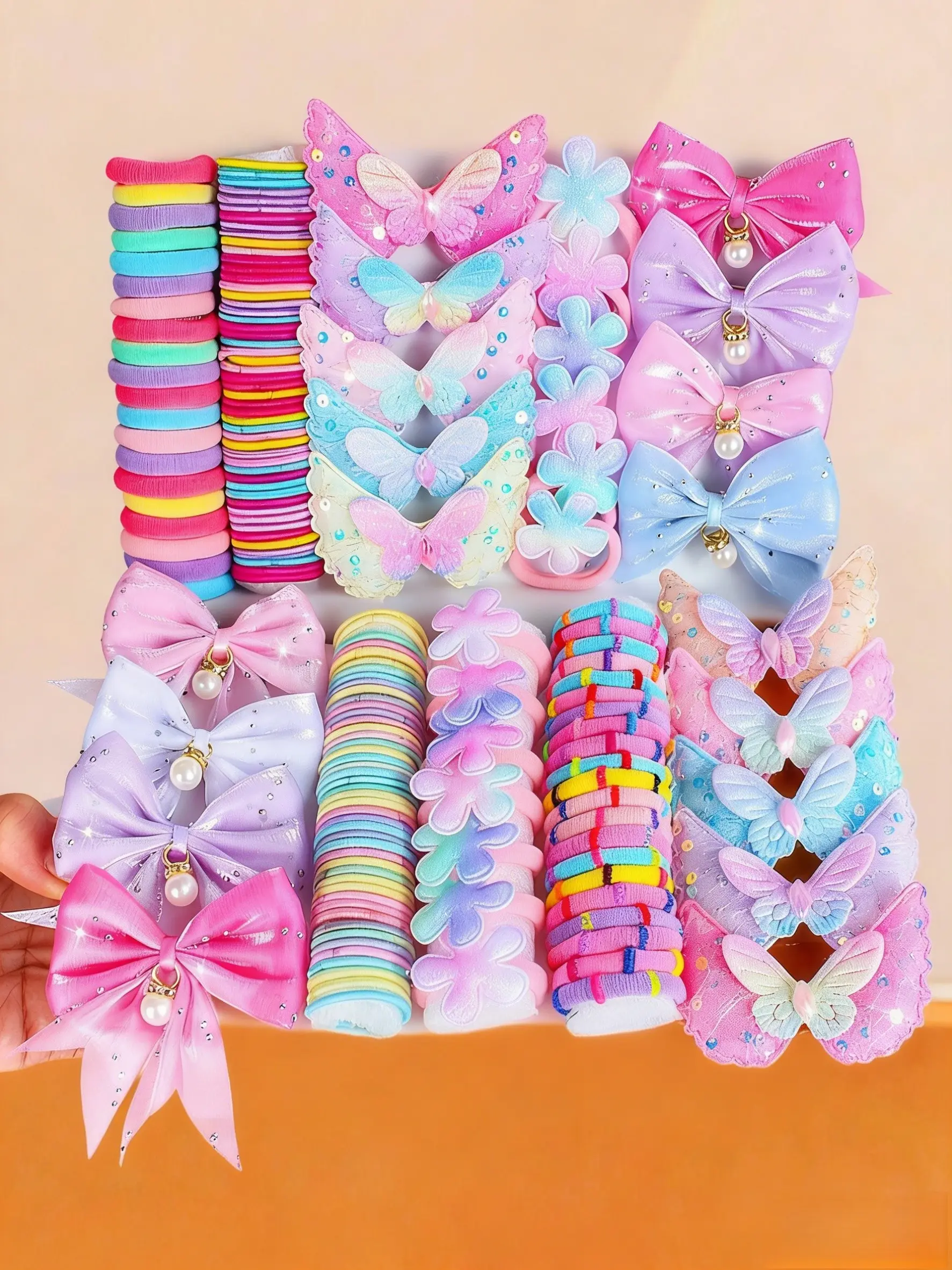 186-Piece Bow Hair Accessories Set, Barrettes, Hair Clips, Pearl Bows, Sparkle Butterfly Clips, Flower Hair Accessories and Rainbow Hair Ties, Sweet Style for Girls and Ladies, Hair Accessory Set