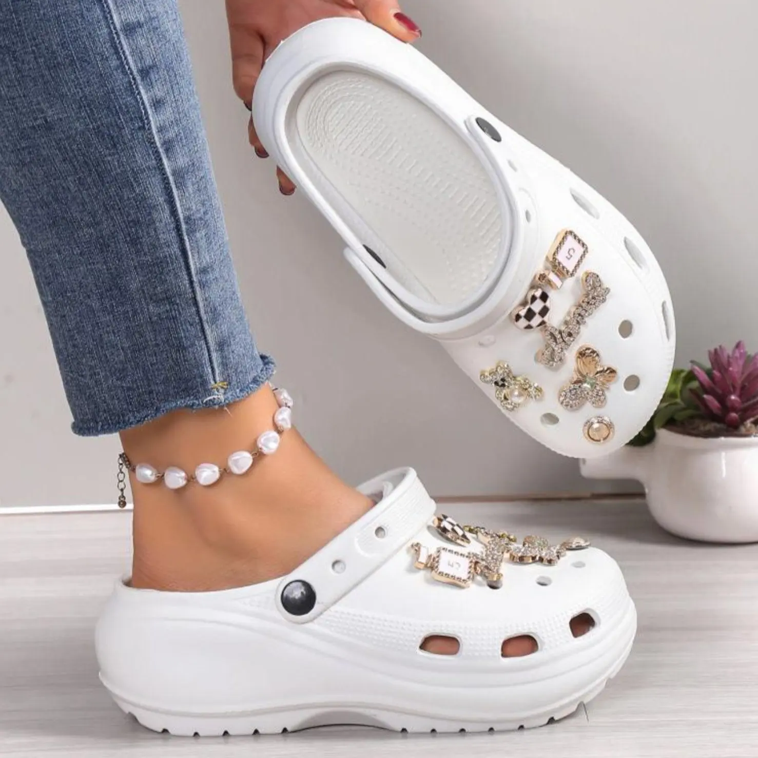 White Comfortable Rubber Bling Clogs